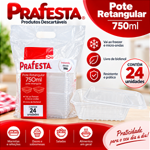 Pote Retangular Com Tampa Marmita Plástico 750ml 24un