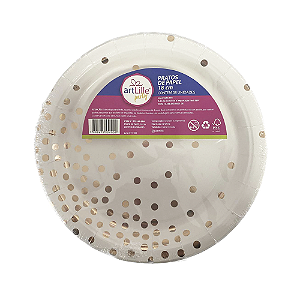 Prato De Papel Bolinhas Poa Branco Com Rose Gold 18Cm 08uni