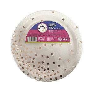 Prato De Papel Bolinhas Poa Branco Com Rose Gold 18Cm 08uni