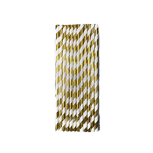 Canudo Listrado Ouro e Branco De Papel Decorar Make+ 12uni