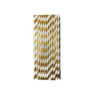 Canudo Listrado Ouro e Branco De Papel Decorar Make+ 12uni