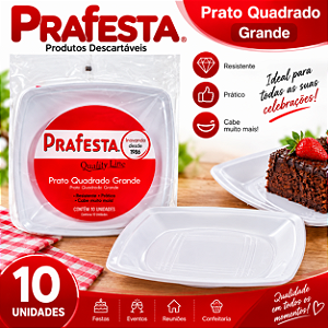 Prato Quadrado Grande Refeição Branco Descartável 10uni
