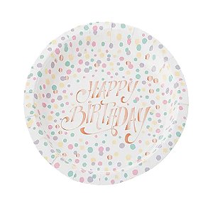 Prato De Papel Happy Birthday Poa Colorido 18Cm 10un Decoração