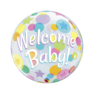 Balão Bubble Welcome Baby Bolinhas Coloridas 22" 56cm Decoração