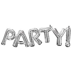 Balão Metalizado Palavra Party! Prata 80x22 Decoração