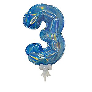 Balão 7" Número 3 Azul  Metalizado C/Vareta Decoração