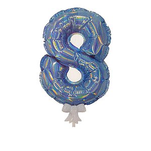 Balão 7" Número 8 Azul Metalizado C/Vareta Decoração