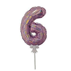 Balão 7" Número 6 Nacarado Metalizado C/Vareta Decoração