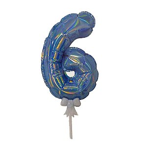 Balão 7" Número 6 Azul Metalizado C/Vareta Decoração
