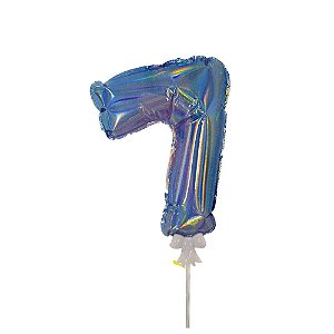 Balão 7" Número 7 Azul Metalizado C/Vareta Decoração
