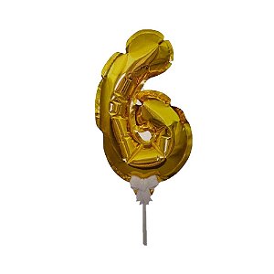 Balão 7" Número 6 Dourado Metalizado C/Vareta Decoração
