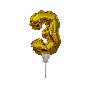 Balão 7" Número 3 Dourado Metalizado C/Vareta Decoração