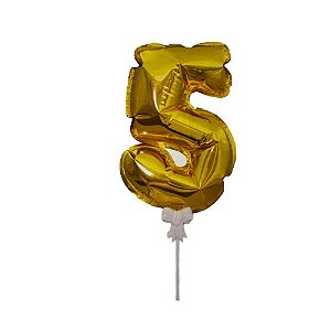 Balão 7" Número 5 Dourado Metalizado C/Vareta Decoração