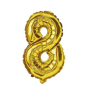 Número 8 Balão Metalizado Dourado 16" 40Cm Decoração
