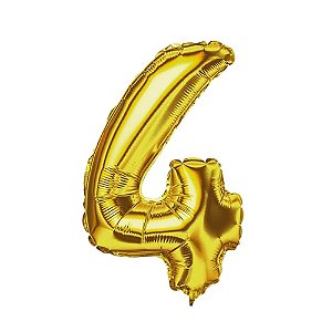 Balão Número 4 Metalizado Dourado 16" 40Cm Decoração