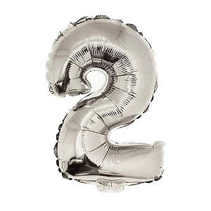 Número 2 Metalizado 16" 41cm Prata Balão C/Vareta Não Flutua