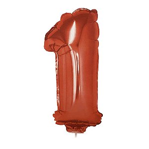 Número 1 Metalizado 16" 41cm Vermelho Balão C/Vareta Não Flutua
