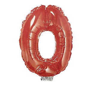 Número 0 Metalizado 16" 41cm Vermelho Balão C/Vareta Não Flutua
