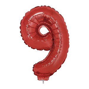 Número 9 Metalizado 16" 41cm Vermelho Balão C/Vareta Não Flutua