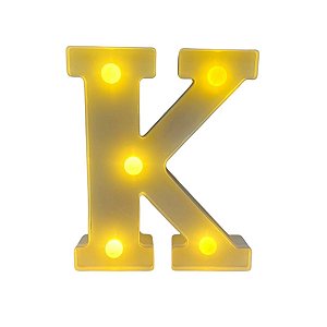 Letra Led K Plástico Branco 16Cm Luz Amarela Decorativa
