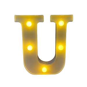 Letra Led U Plástico Branco 16Cm Luz Amarela Decorativo
