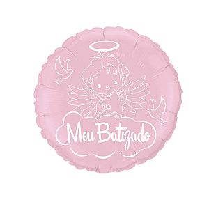Balão Meu Batizado Rosa Redondo 20" 50cm Metalizado Decoração