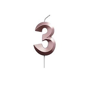 Vela Número 3 Metalizada No Palito Rose Gold Brilhante Festa