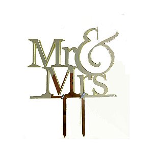 Topo de Bolo Mr&Mrs Dourado Decoração Acrílico 18,5x14,5cm