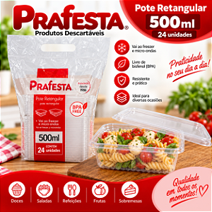Pote Retangular Com Tampa Marmita Plástico 500ml 24un
