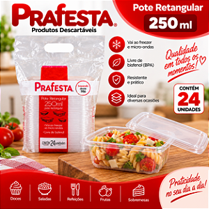 Pote Retangular Com Tampa Marmita Plástico 250ml 24un