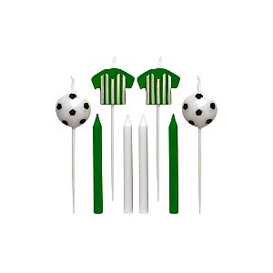 Vela Kit Futebol Verde E Branco Decoração Divertida 5cm 8pçs