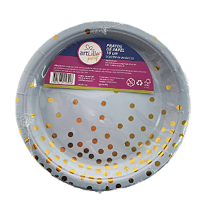 Prato De Papel Poa Azul Com Dourado 18Cm 08uni Decoração
