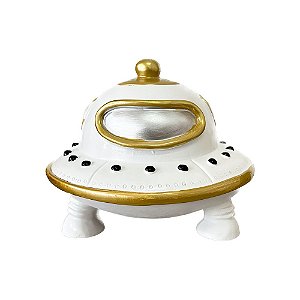 Nave Espacial De Resina Prata Com Dourado Decorativa Estante