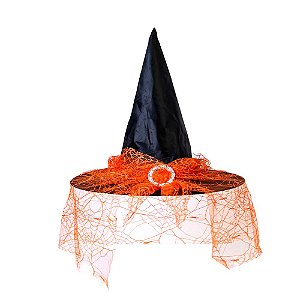Chapéu de Bruxa Com Véu Laranja Acessório Halloween 38CM