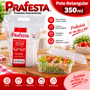 Pote Retangular Com Tampa S/Lacre Plástico 350ml 24un