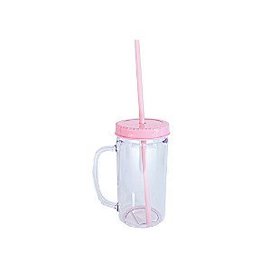 Caneca Acrílica Transparente C/Tampa Canudo Rosa Bebê 230ML