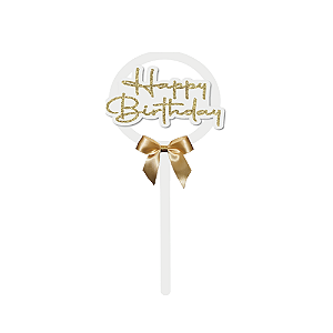 Topo De Bolo Happy Birthday Dourado Glitter C/Laço MDF Festas