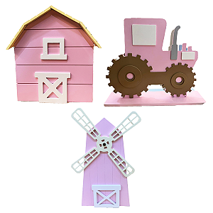 Kit Fazendinha Rosa Bebê Decorativo Mesa De Festa Tema Roça