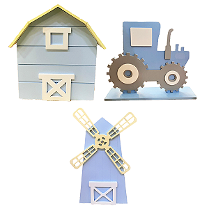 Kit Fazendinha Azul Bebê 2 Decorativo Mesa Festa Tema Roça