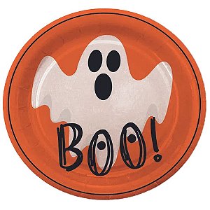 Prato De Papel Travessuras Fantasma Boo! Halloween 18Cm 8un