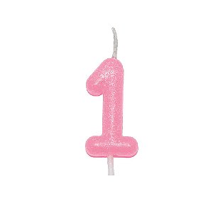 Vela Aniversário 1 Candy Color Rosa C/ Glitter Silver Festas