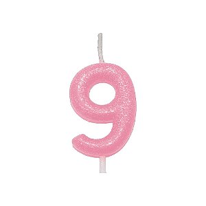 Vela Aniversário 9 Candy Color Rosa C/ Glitter Silver Festas