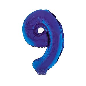 Número 9 Metalizado 16" 41cm Azul Balão C/Vareta Não Flutua