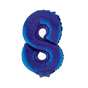 Número 8 Metalizado 16" 41cm Azul Balão C/Vareta Não Flutua