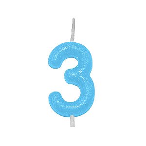 Vela Aniversário 3 Candy Color Azul C/ Glitter Silver Festas
