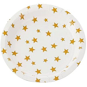 Prato De Papel Branco Estrela Dourado 18Cm 10un Decorar Festas