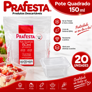 Pote Quadrado C/ Tampa Embalagem Transparente 150ml 20un