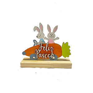 Placa Coelhos Na Cenoura Páscoa Enfeite Decorativo Madeira