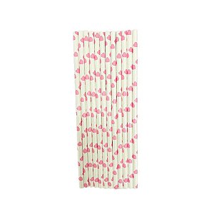 Canudo Branco Corações Rosa Claro Papel Decorar Festa 12un