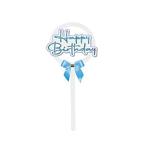 Topo De Bolo Happy Birthday Azul Glitter C/Laço MDF Festas